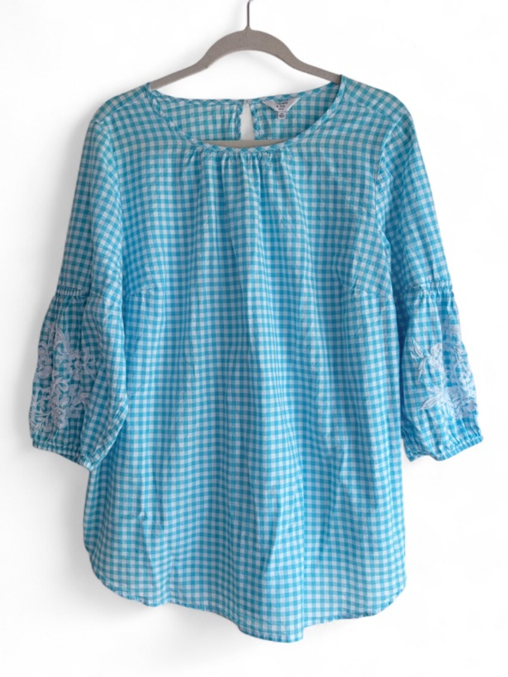 Crown & Ivy 100% Cotton Blue Gingham Embroidered Peasant Blouse Size 1X
